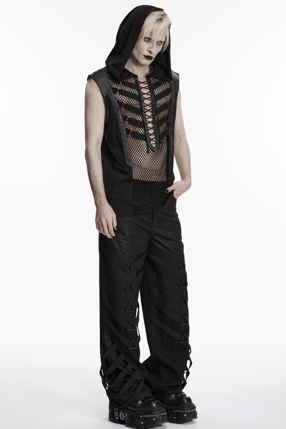 Punk Dark Wide Leg Pants with Utility Webbing for Men