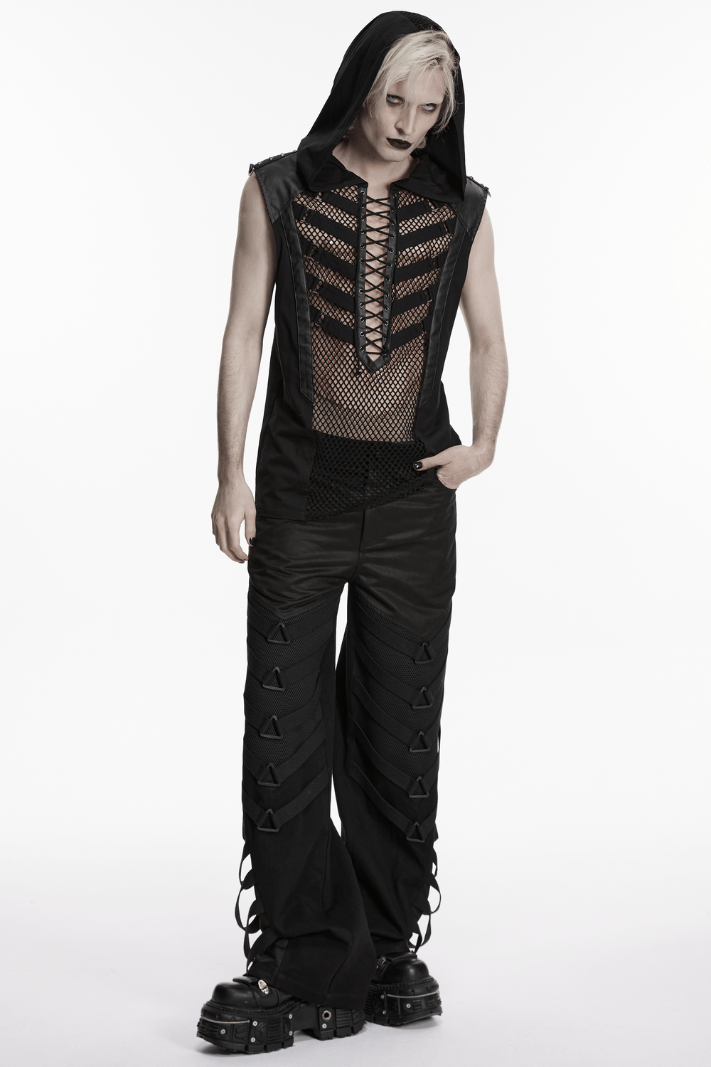 Punk Dark Wide Leg Pants with Utility Webbing for Men