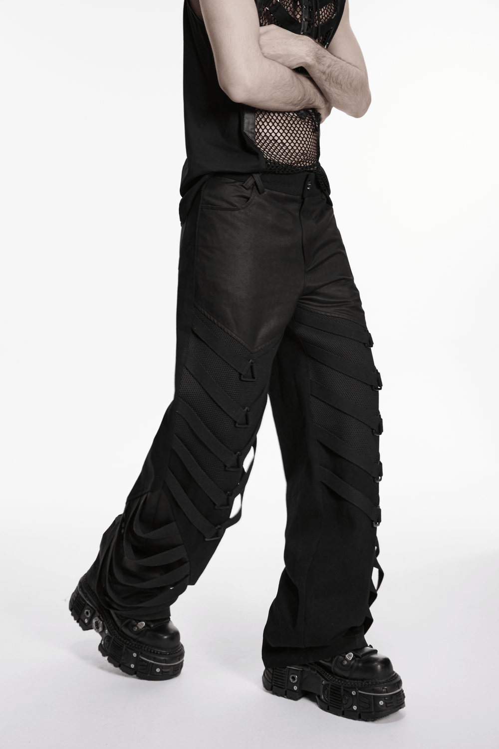 Punk Dark Wide Leg Pants with Utility Webbing for Men