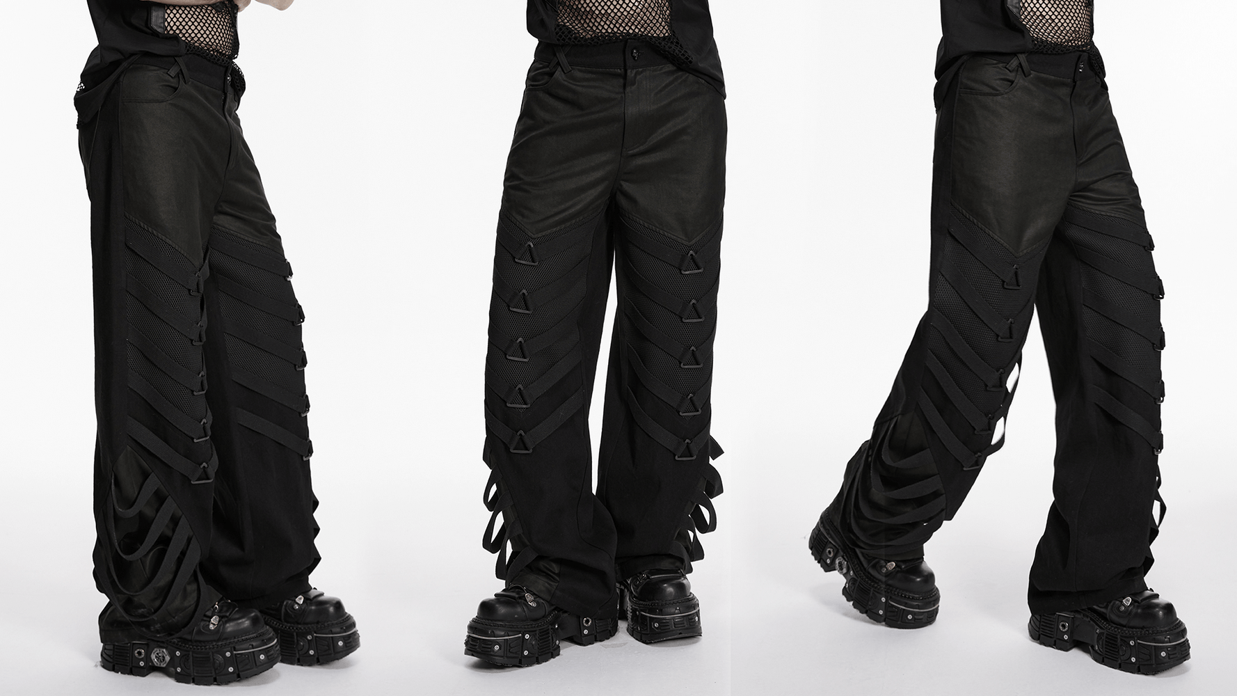 Punk Dark Wide Leg Pants with Utility Webbing for Men