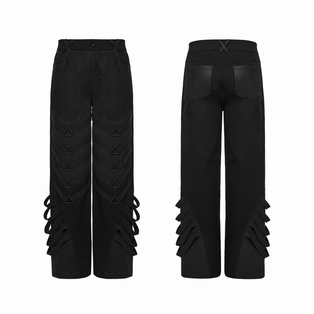 Punk Dark Wide Leg Pants with Utility Webbing for Men