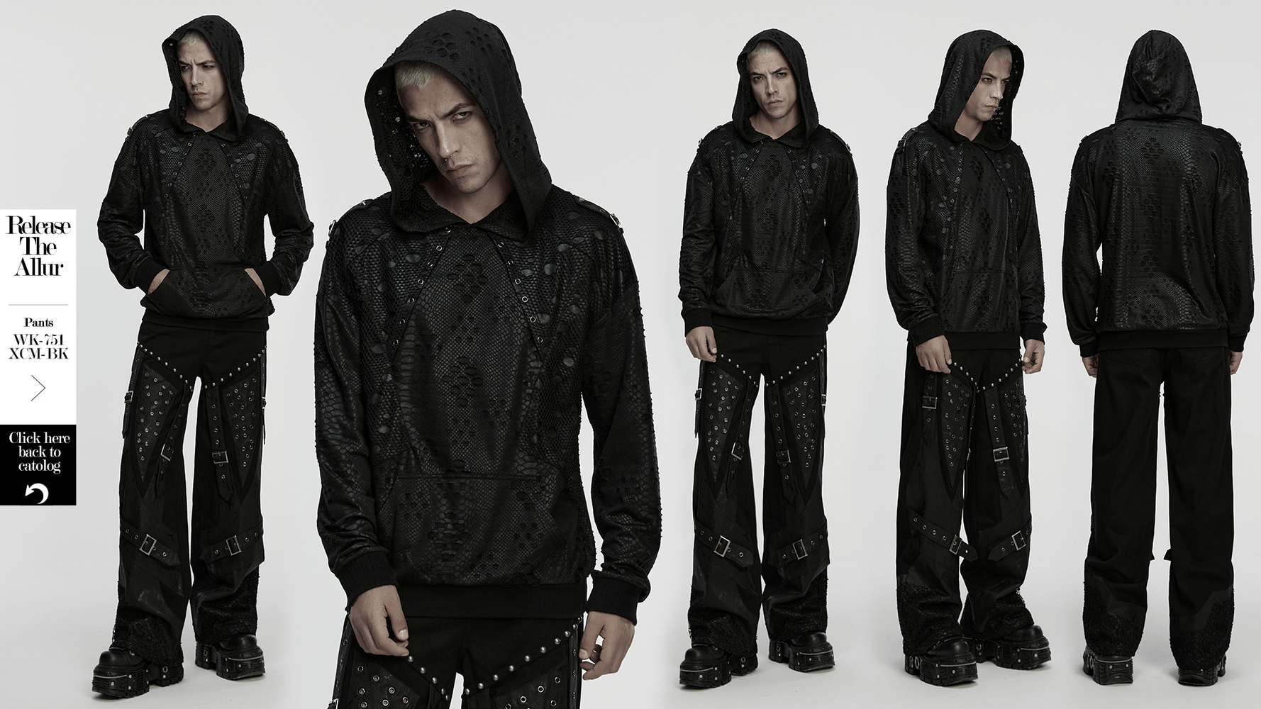 Punk Decadent Tattered Mesh Hoodie with Shoulder Buckles worn by a model from multiple angles.