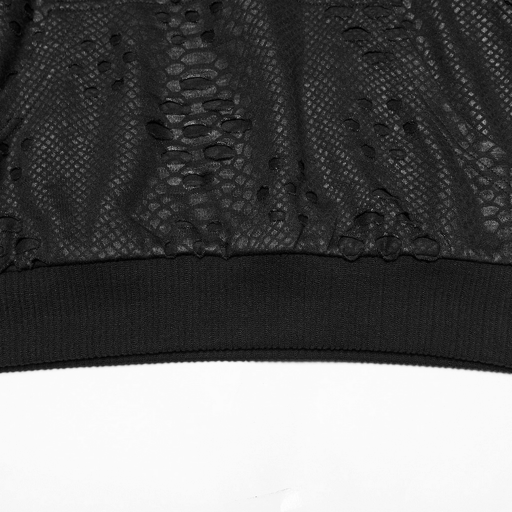 Punk Decadent Tattered Mesh Hoodie with Shoulder Buckles detail featuring irregular tattered mesh fabric.