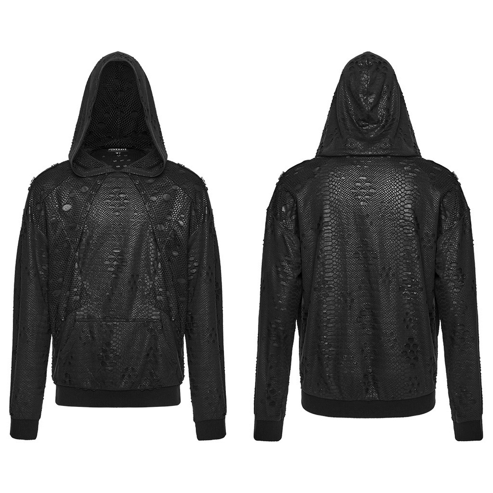 Punk Decadent Tattered Mesh Hoodie with Shoulder Buckles, back and front view, featuring loose fit and tattered design.
