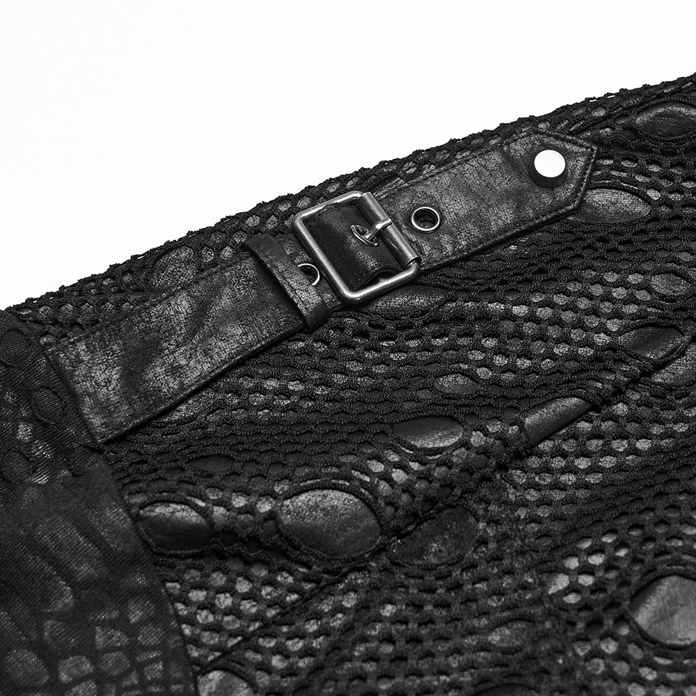Punk Decadent Tattered Mesh Hoodie with Shoulder Buckles close-up of buckle and mesh detail.