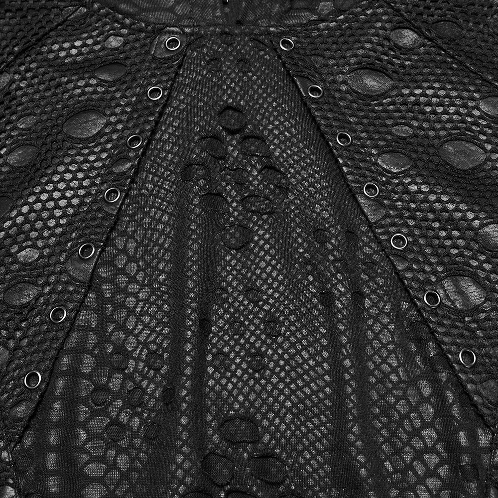 Punk Decadent Tattered Mesh Hoodie with Shoulder Buckles detailing showing unique mesh and tattered fabric design.