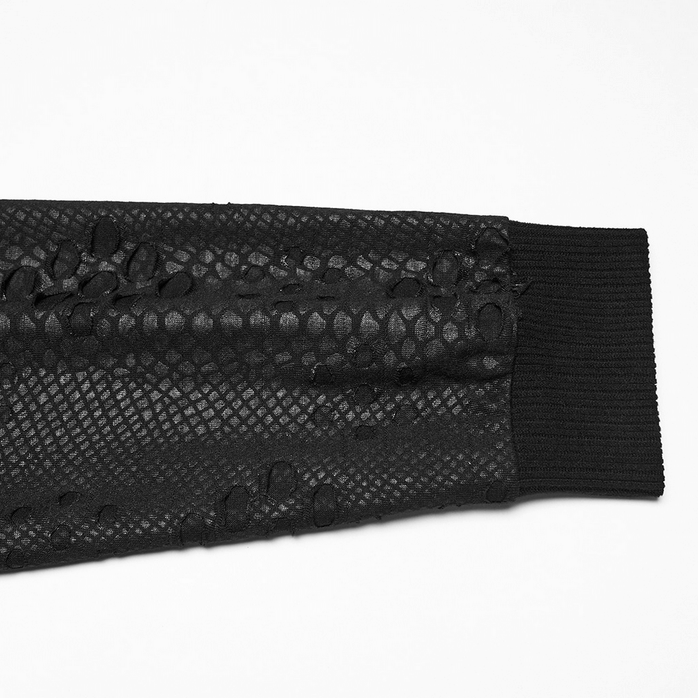 Punk Decadent Tattered Mesh Hoodie with Shoulder Buckles close-up of mesh sleeve detail.