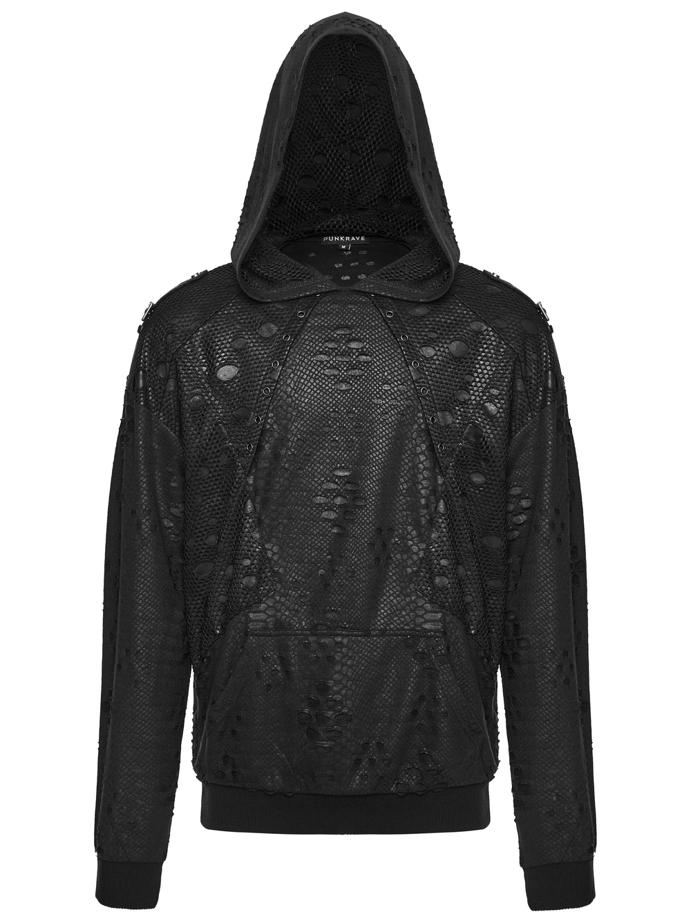 Punk Decadent Tattered Mesh Hoodie with Shoulder Buckles featuring irregular tattered details and a loose fit.