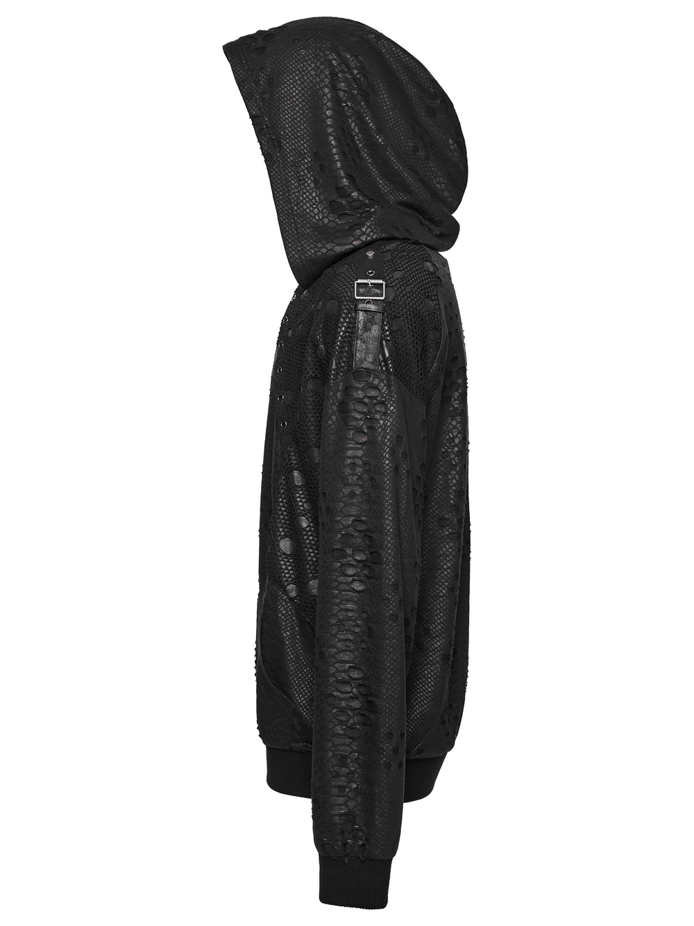 Punk Decadent Tattered Mesh Hoodie with Shoulder Buckles showcasing side view and unique mesh fabric details.