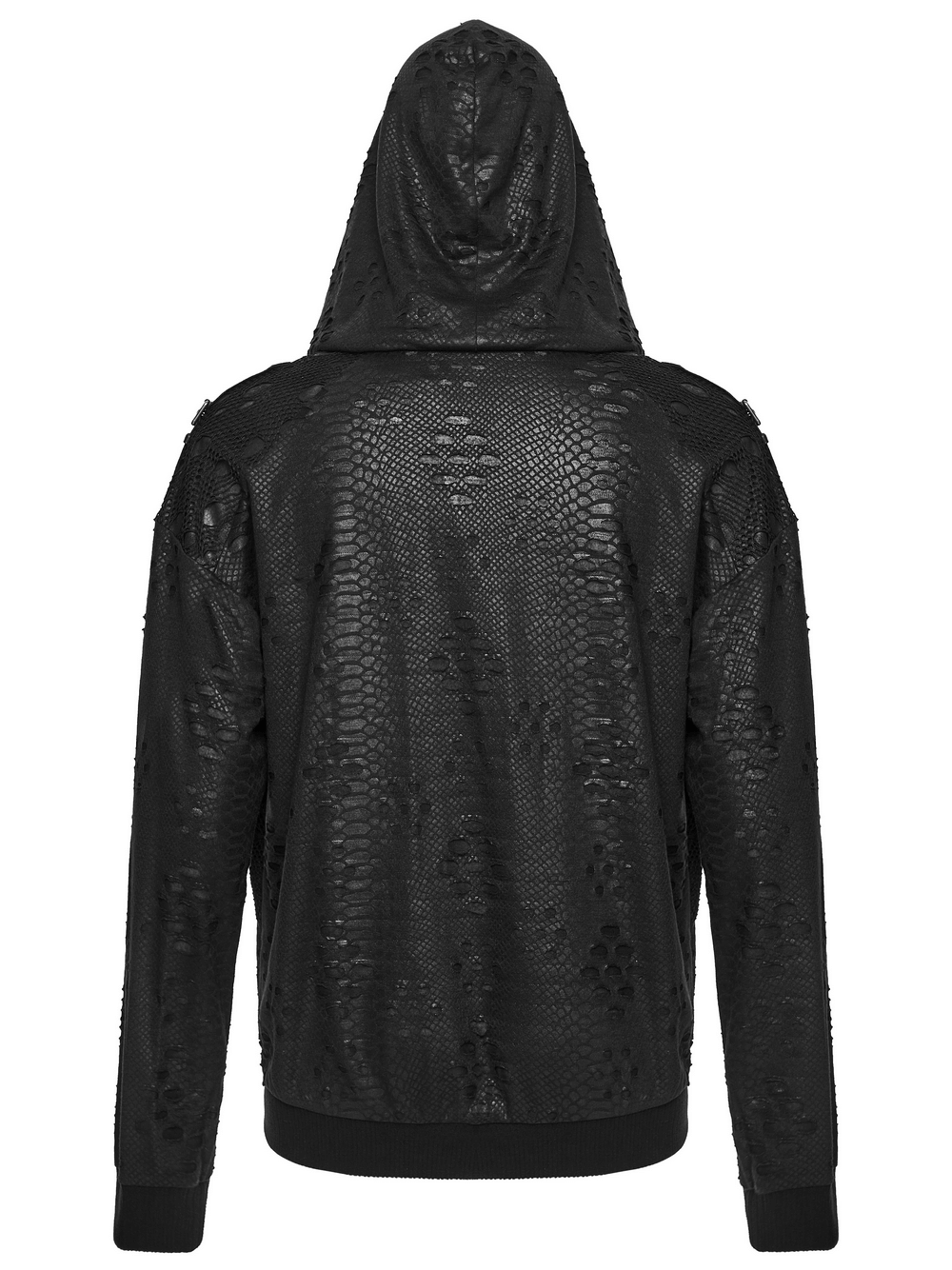 Punk Decadent Tattered Mesh Hoodie with Shoulder Buckles - Back view highlighting the unique mesh design and tattered details.