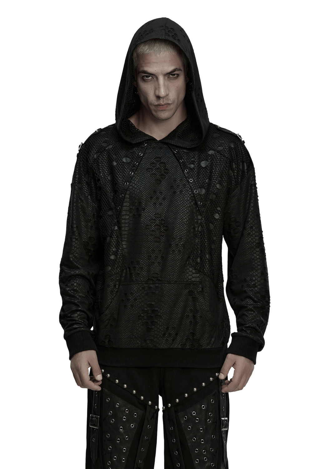 Punk Decadent Tattered Mesh Hoodie with Shoulder Buckles in bold black mesh fabric on model.