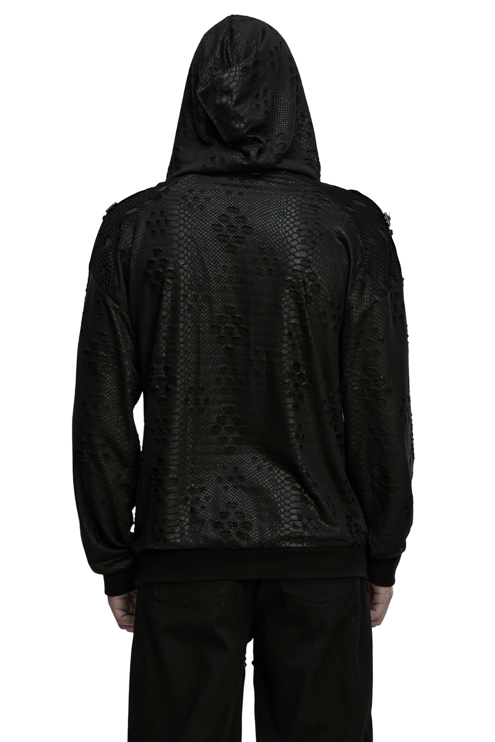 Punk Decadent Tattered Mesh Hoodie with Shoulder Buckles back view showcasing tattered details and hoodie features.