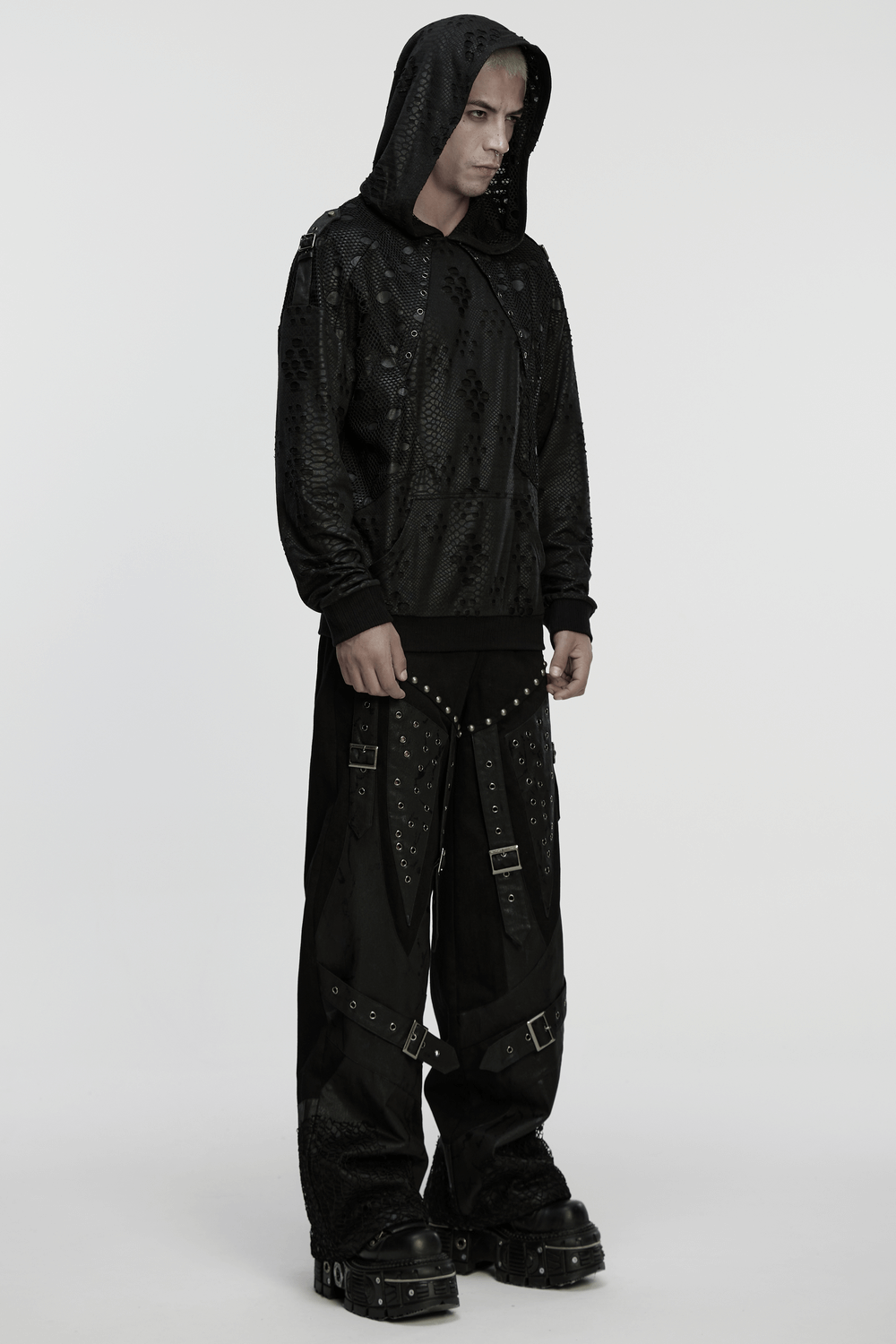 Punk Decadent Tattered Mesh Hoodie with Shoulder Buckles styled with edgy black outfit.