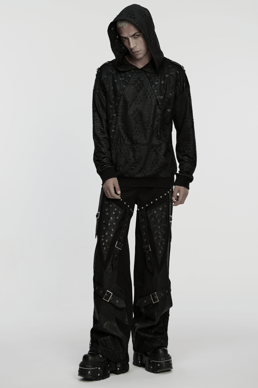 Punk Decadent Tattered Mesh Hoodie with Shoulder Buckles worn by model in edgy black outfit with studs.