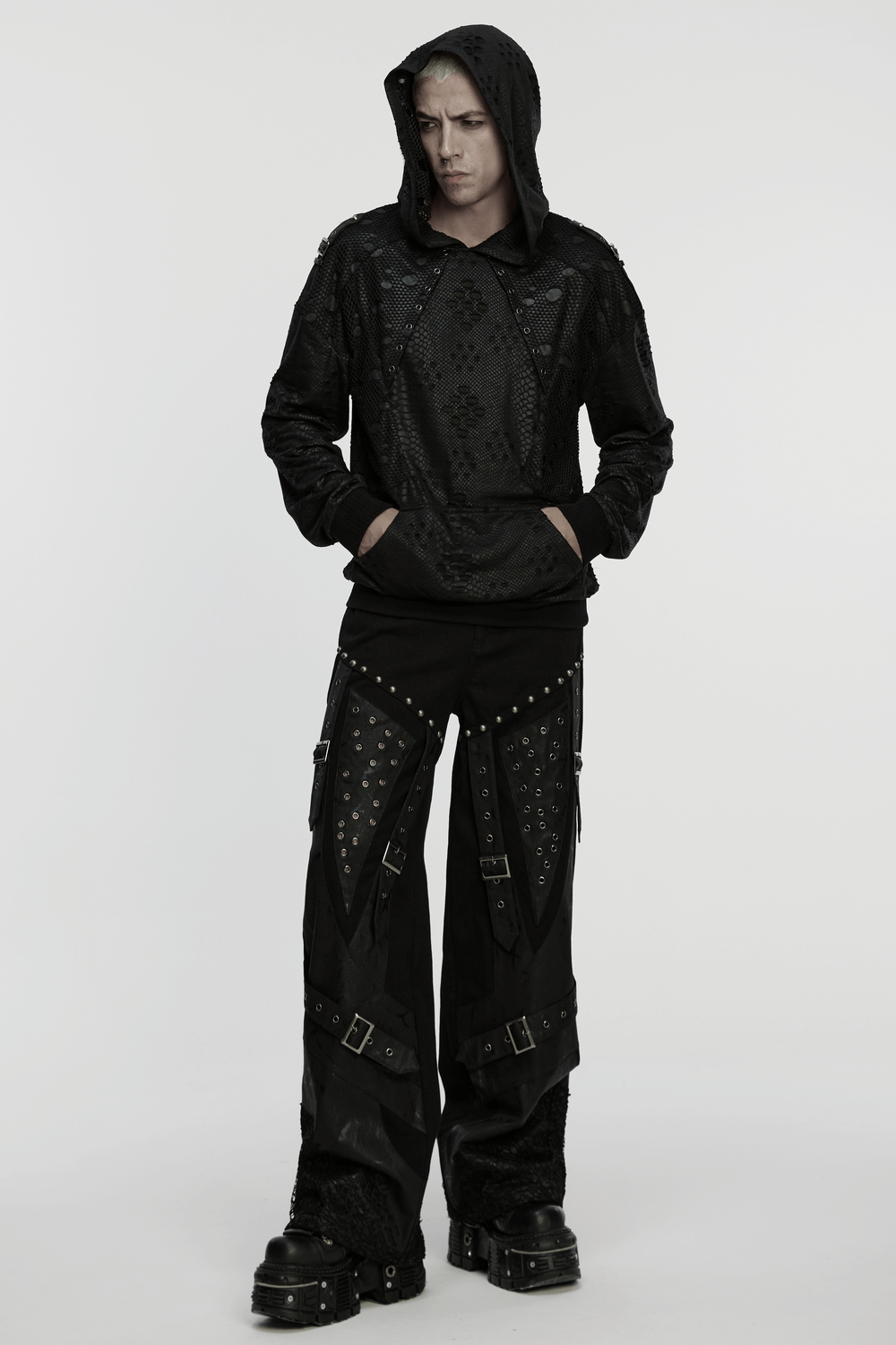 Punk Decadent Tattered Mesh Hoodie with Shoulder Buckles, featuring a loose fit and edgy details.