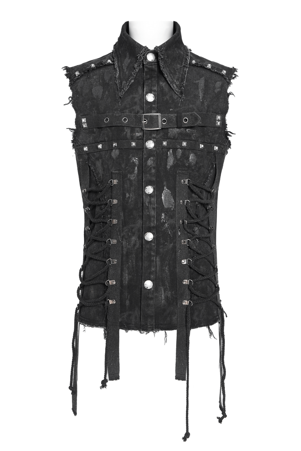 Punk denim shirt featuring lace-up sides and edgy studded details, perfect for a rebellious style makeover.