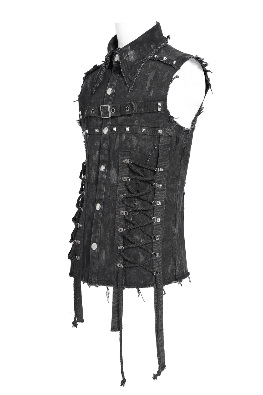 Punk denim shirt with lace-up sides and studded details, showcasing an edgy, stylish design perfect for bold fashion statements.