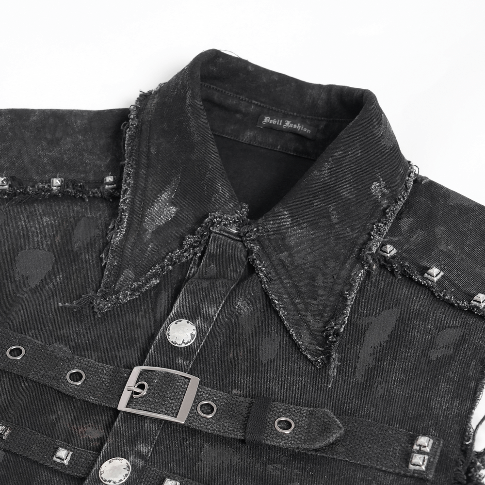Punk denim shirt featuring lace-up sides and studded details for a bold style statement.