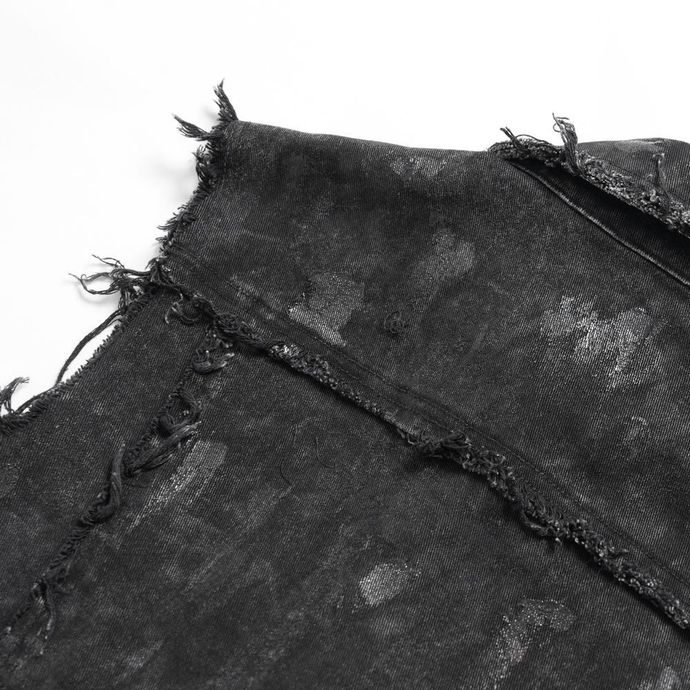 Punk denim shirt with lace-up sides, featuring edgy frayed edges and a distressed black fabric design.