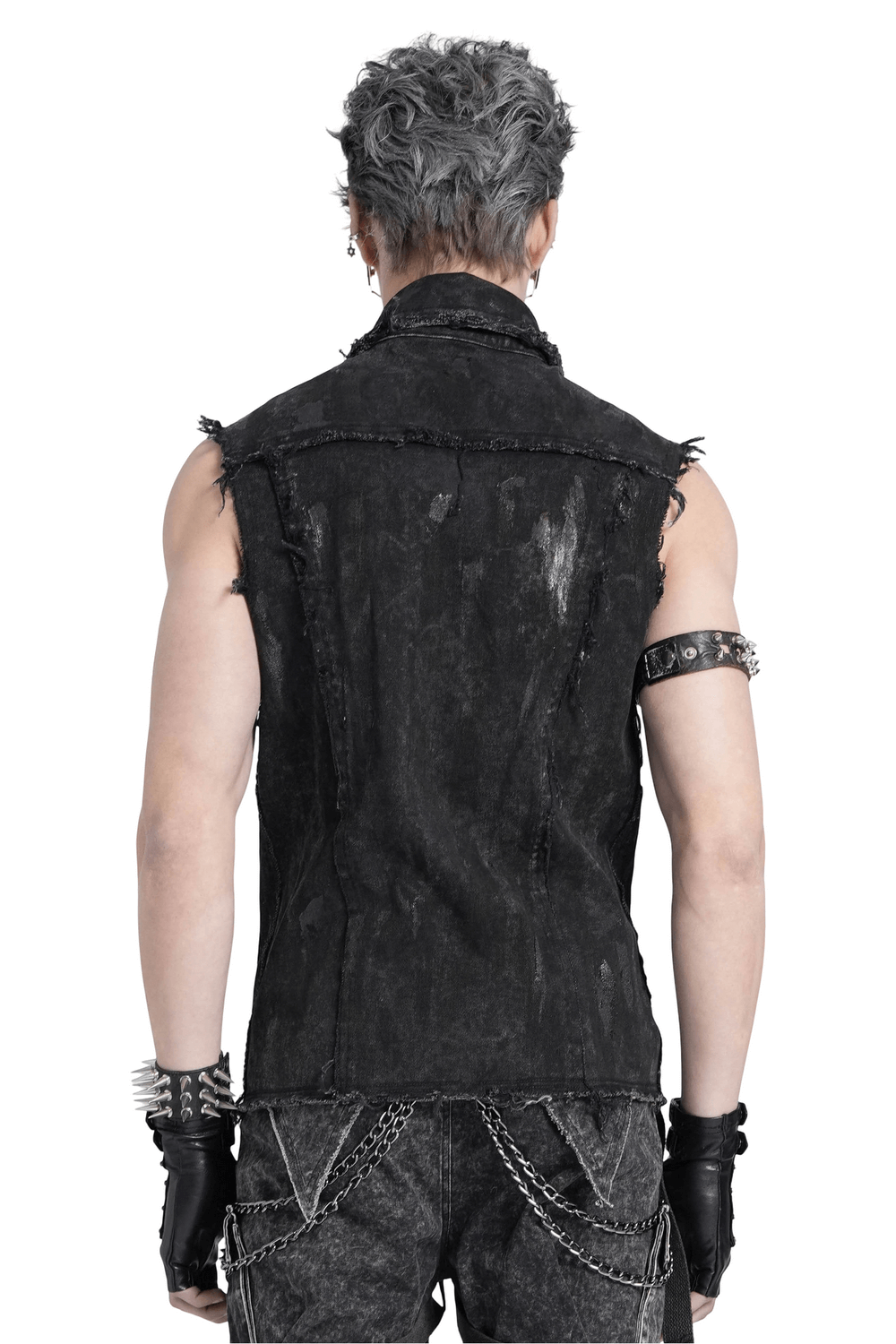 Back view of a punk denim shirt with lace-up sides and distressed details, perfect for edgy fashion lovers.