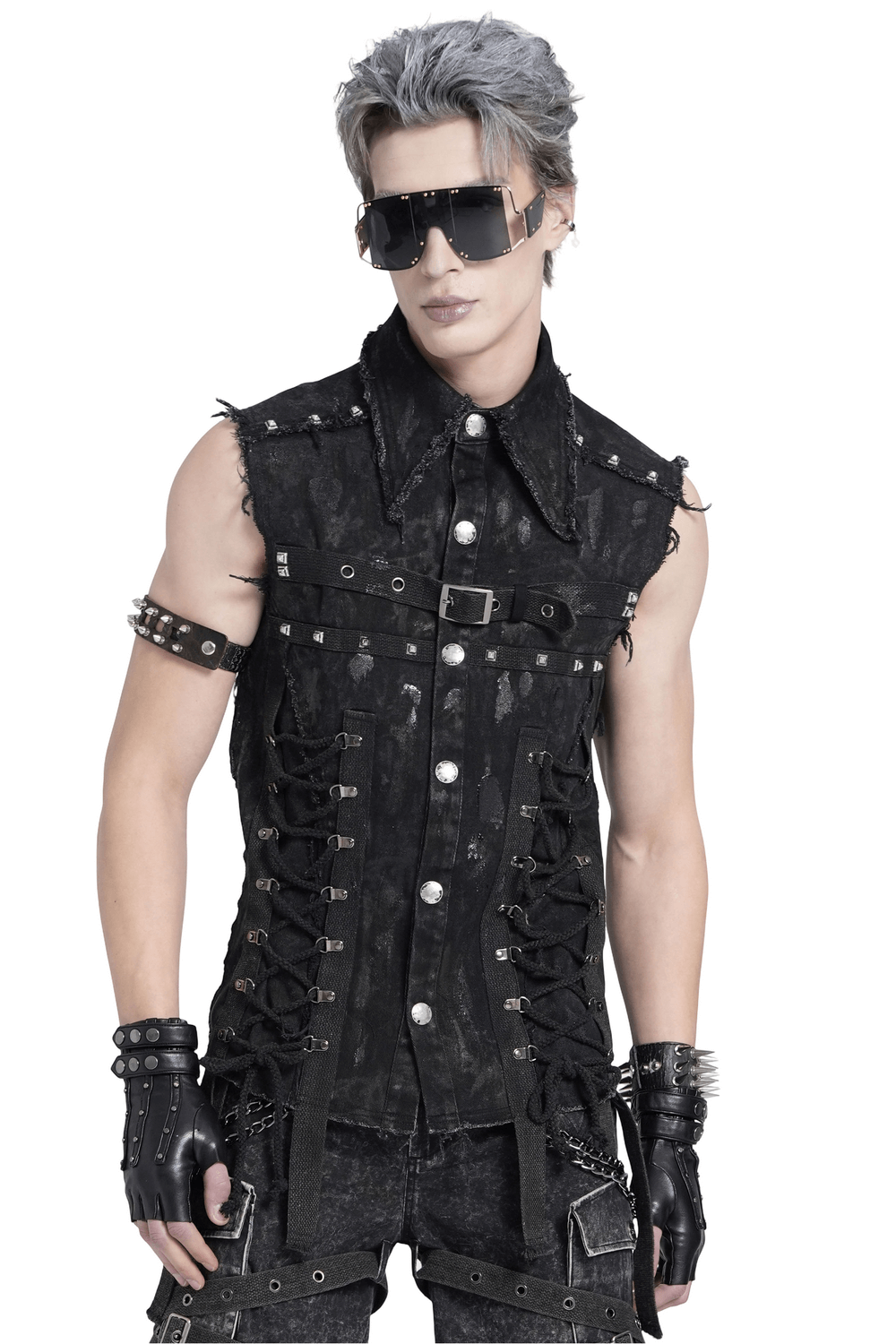 Punk denim shirt featuring lace-up sides and studded details, perfect for edgy street style.