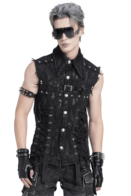 Punk Denim Shirt with Lace-Up Sides and Studded Detail