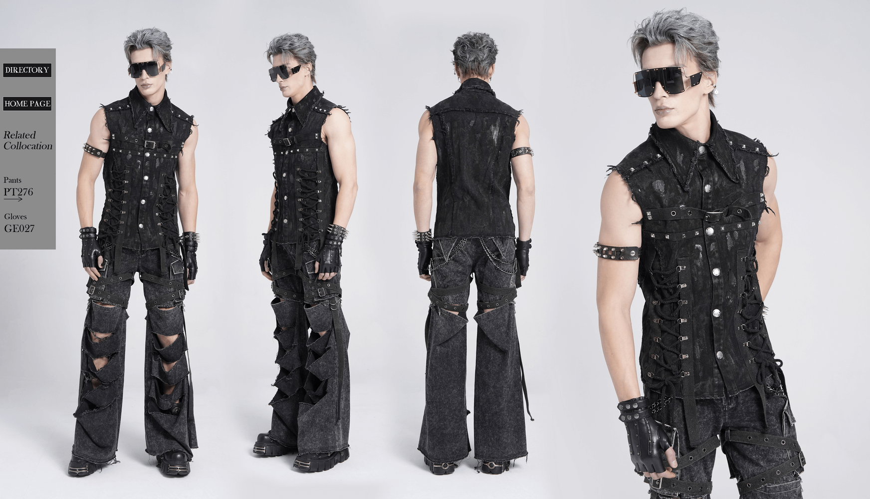 Punk denim shirt with lace-up sides and studded details, showcased on a model with edgy fashion accessories.