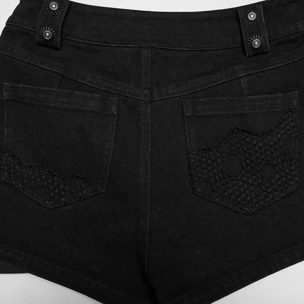 Punk Denim Shorts with Detachable Bag and Leg Strap back view showcasing tattered pockets and edgy details.