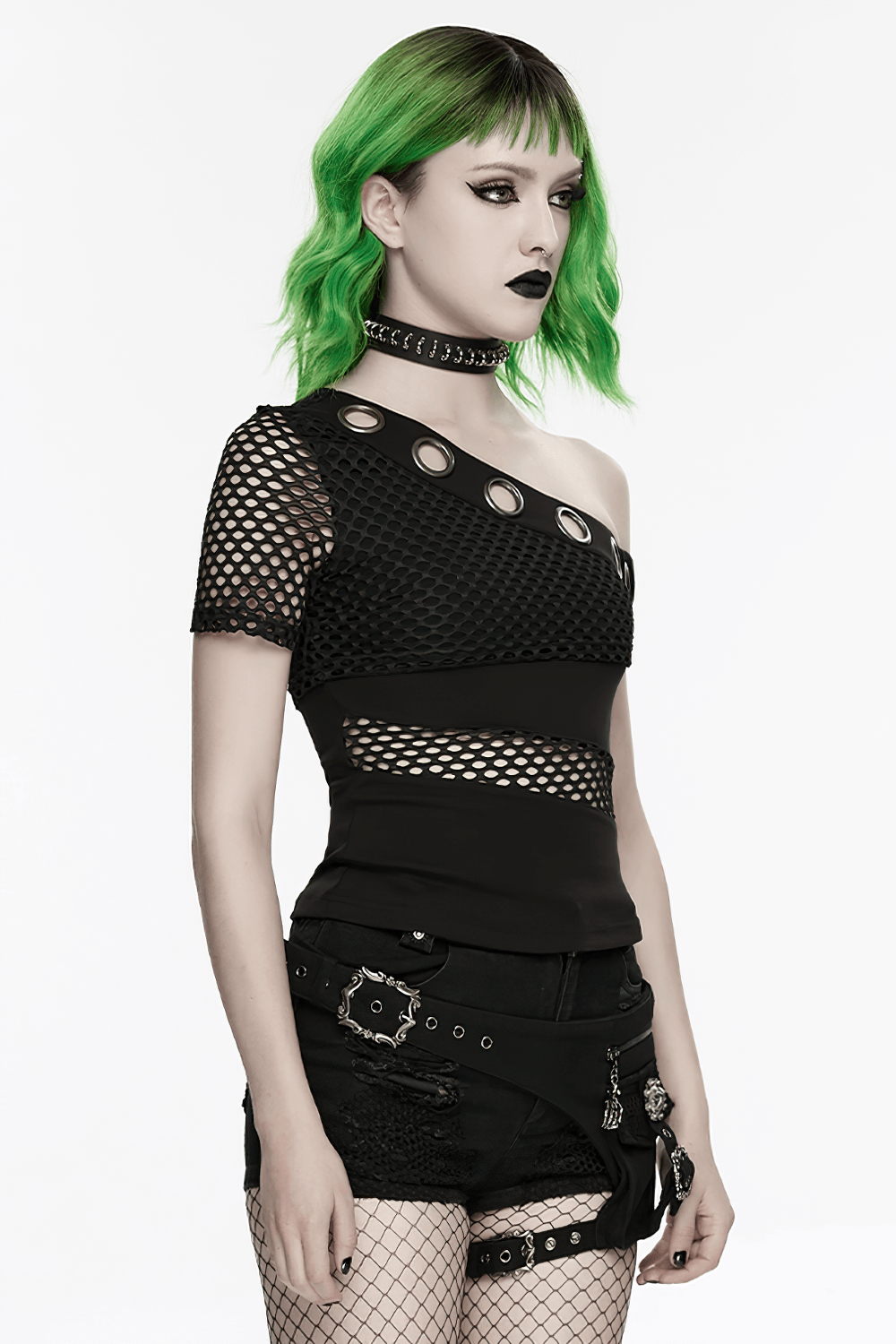 Punk Denim Shorts with Detachable Bag and Leg Strap worn with a stylish mesh top and edgy accessories, showcasing a bold punk look.