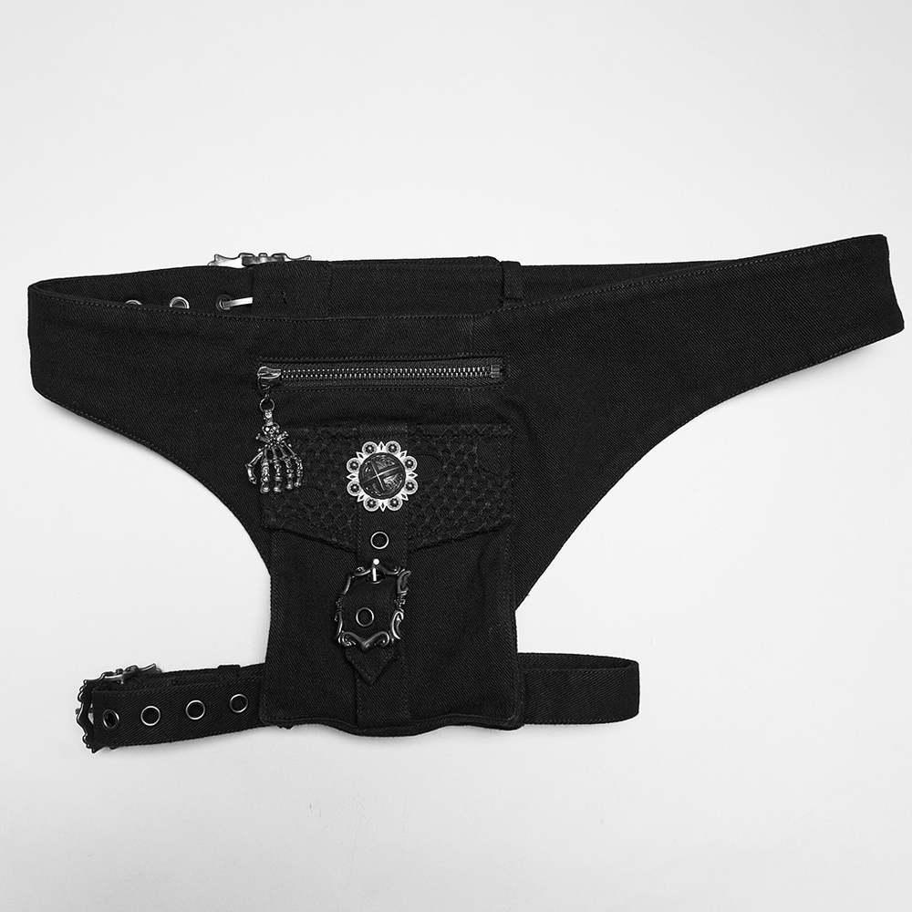 Punk Denim Shorts with Detachable Bag and Leg Strap featuring a stylish black detachable side bag.