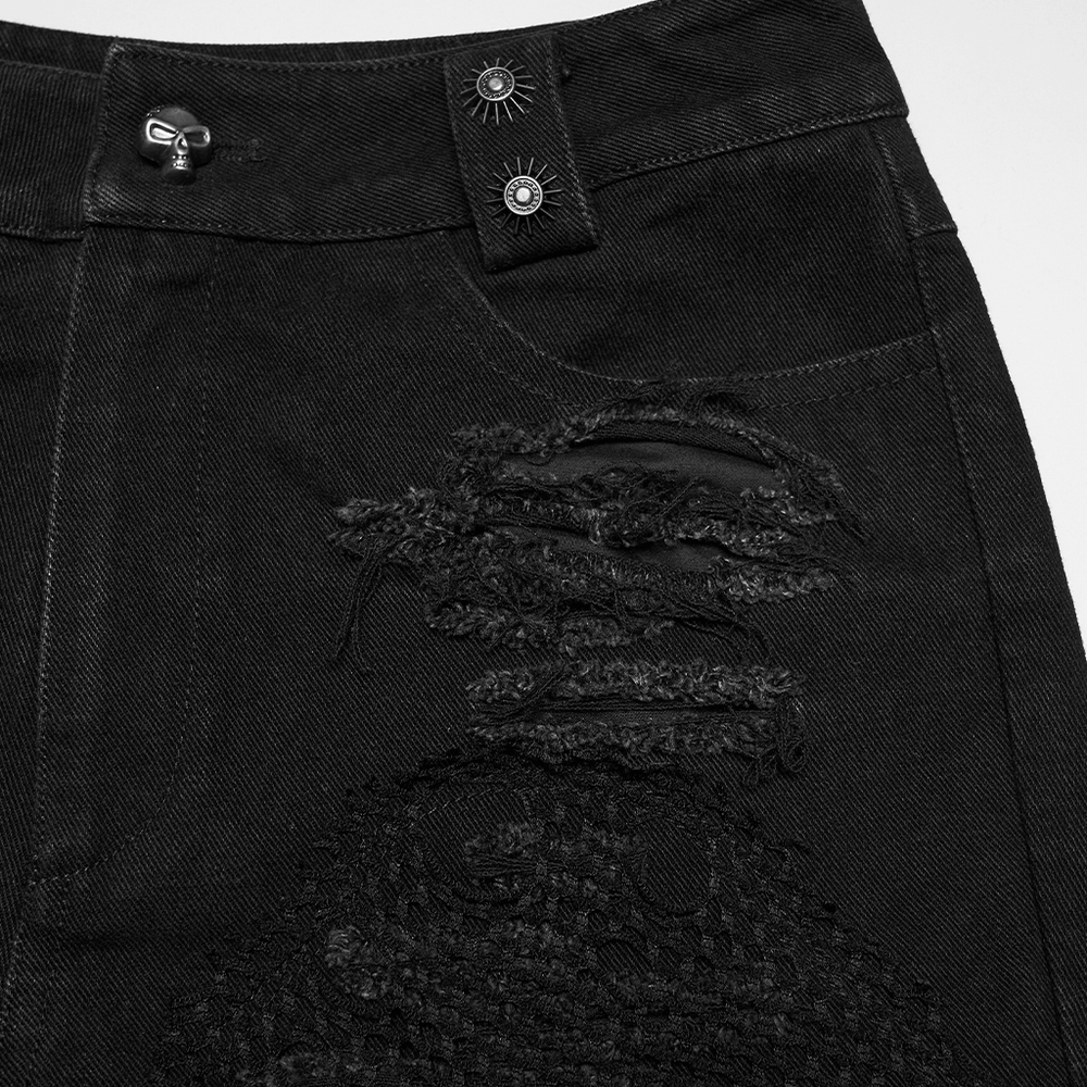 Punk Denim Shorts with Detachable Bag and Leg Strap featuring tattered black fabric and distressing details.