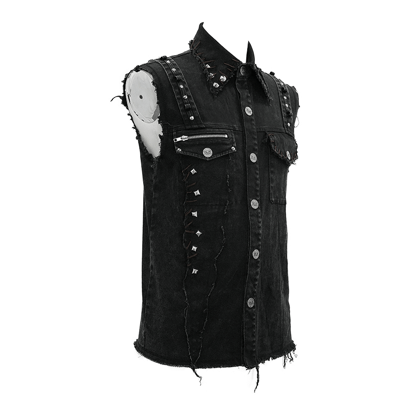 Men's black denim sleeveless vest with pockets, punk style, featuring silver buttons and edgy rivets.