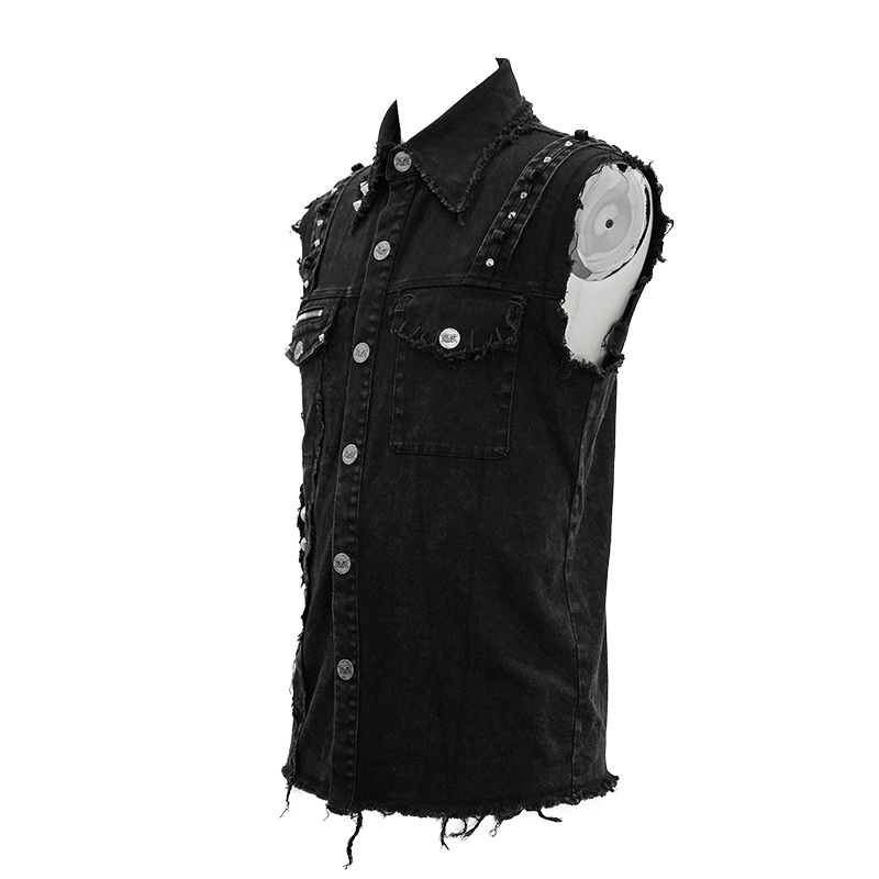 Men's punk black denim sleeveless vest with silver buttons and edgy style details.