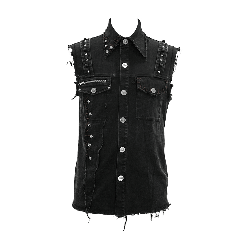 Punk denim sleeveless vest for men with silver buttons and rivets, featuring an edgy alternative style.