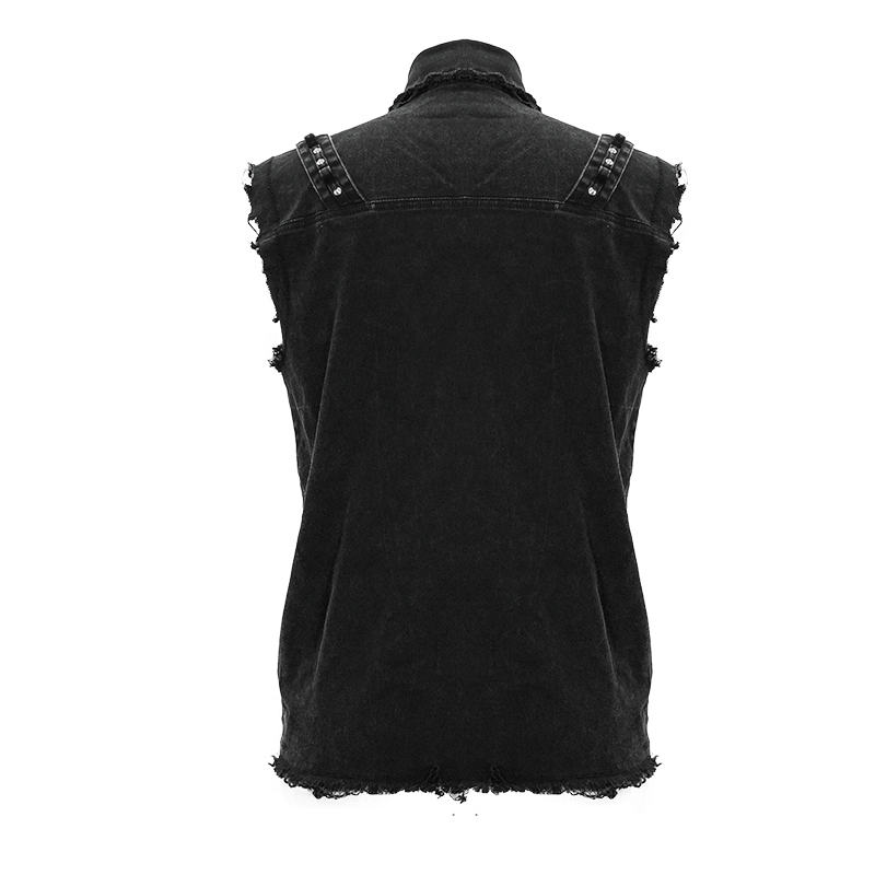 Punk men's black denim sleeveless vest with stylish silver studded accents at the shoulders and a rugged look.