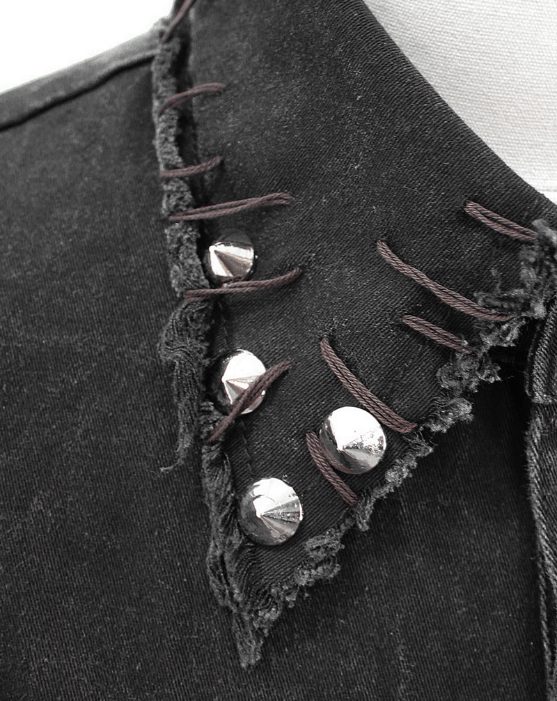Close-up of punk denim vest collar featuring silver buttons and stitched detailing, perfect for alternative fashion lovers.