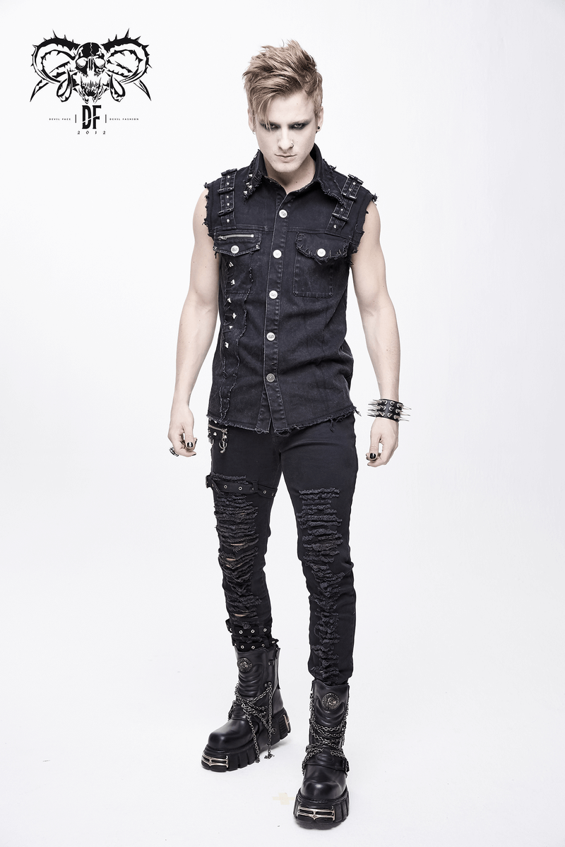 Men's punk denim sleeveless vest featured with stylish black buttons and edgy distressed black jeans.