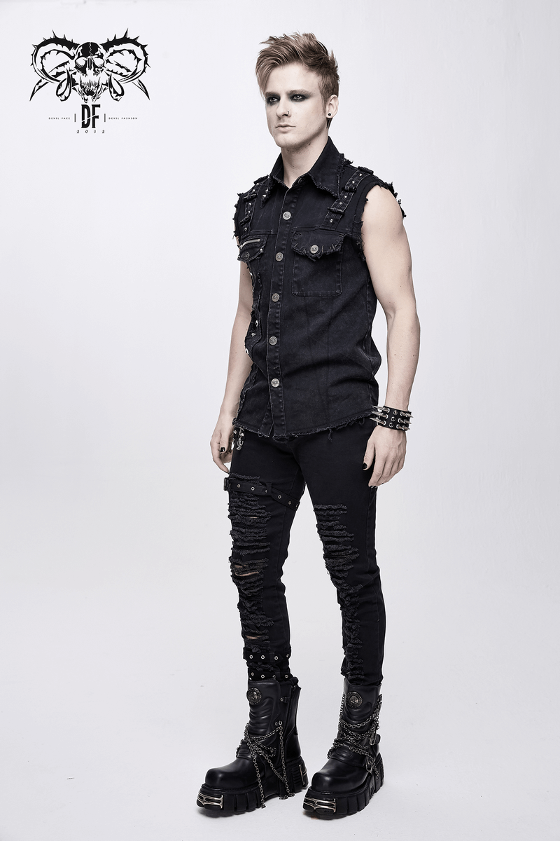 Stylish punk denim sleeveless vest model showcasing edgy alternative fashion with ripped jeans and chunky boots.