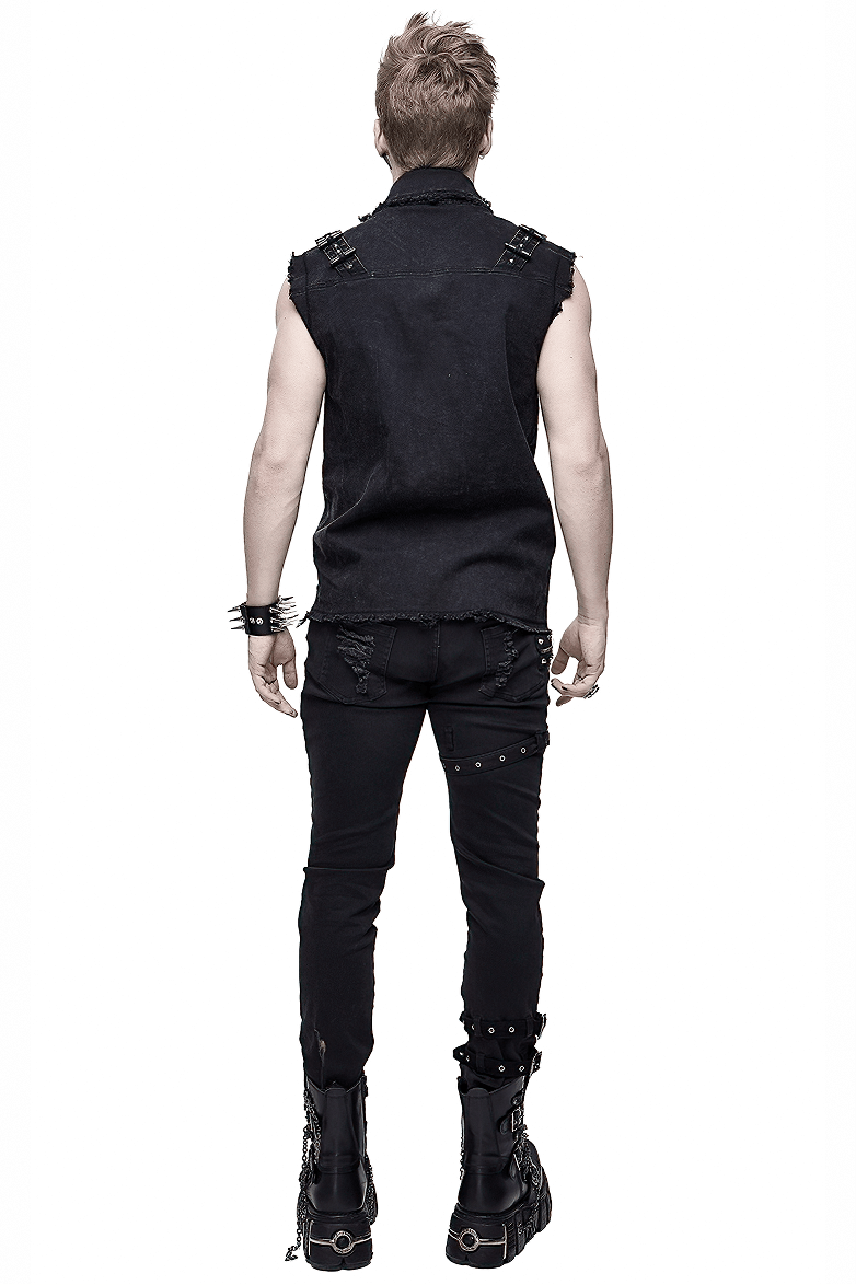 Men's punk black denim sleeveless vest showcasing stylish rivets and edgy design from the back.