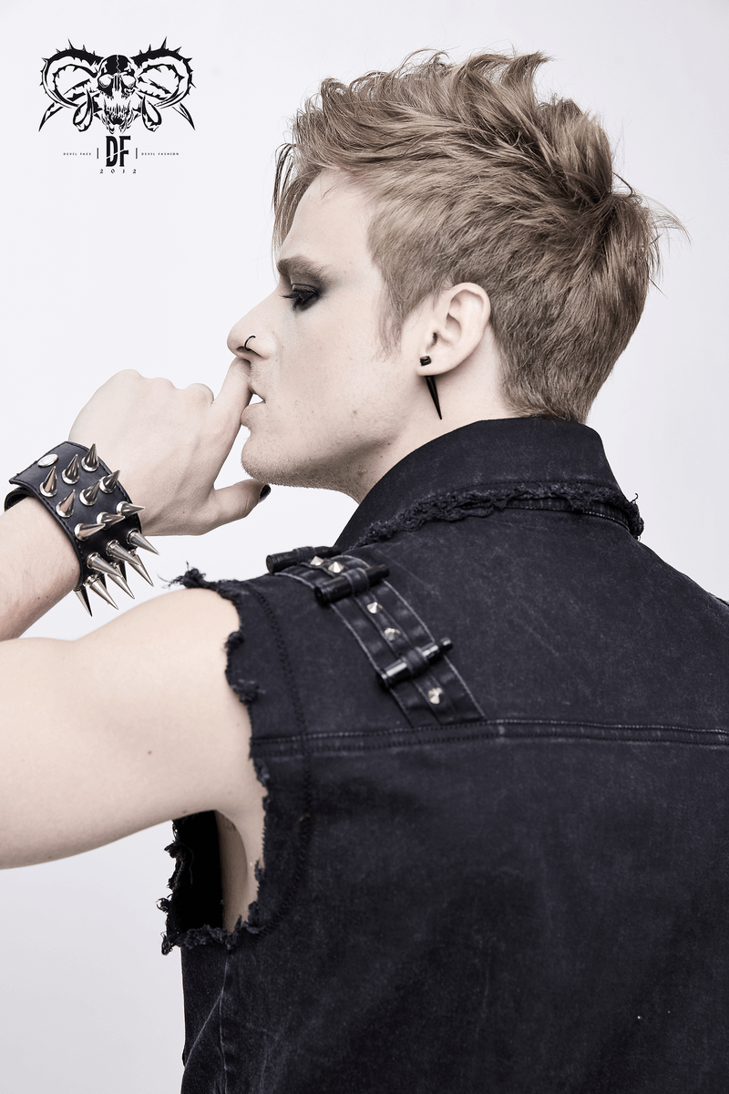 Men's punk denim sleeveless vest with pockets, stylish accent details, perfect for alternative fashion lovers.