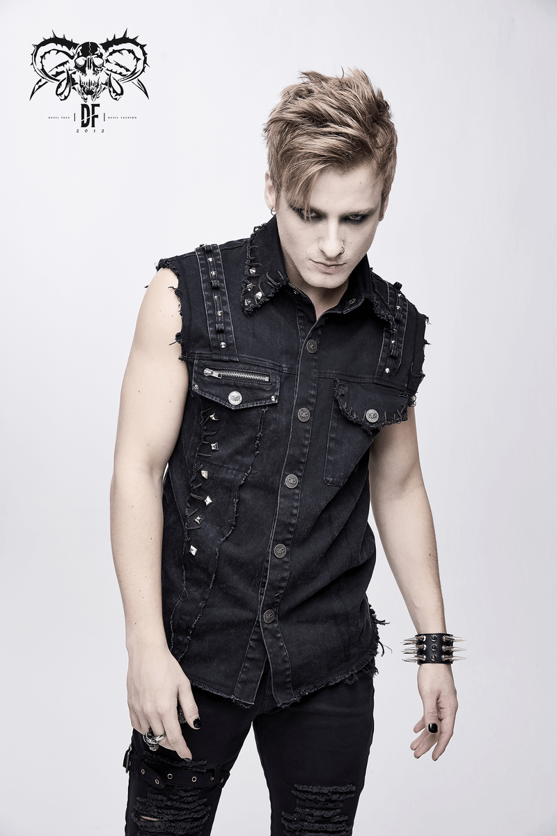 Men's punk black denim sleeveless vest with silver studs and ripped detailing, perfect for alternative fashion enthusiasts.