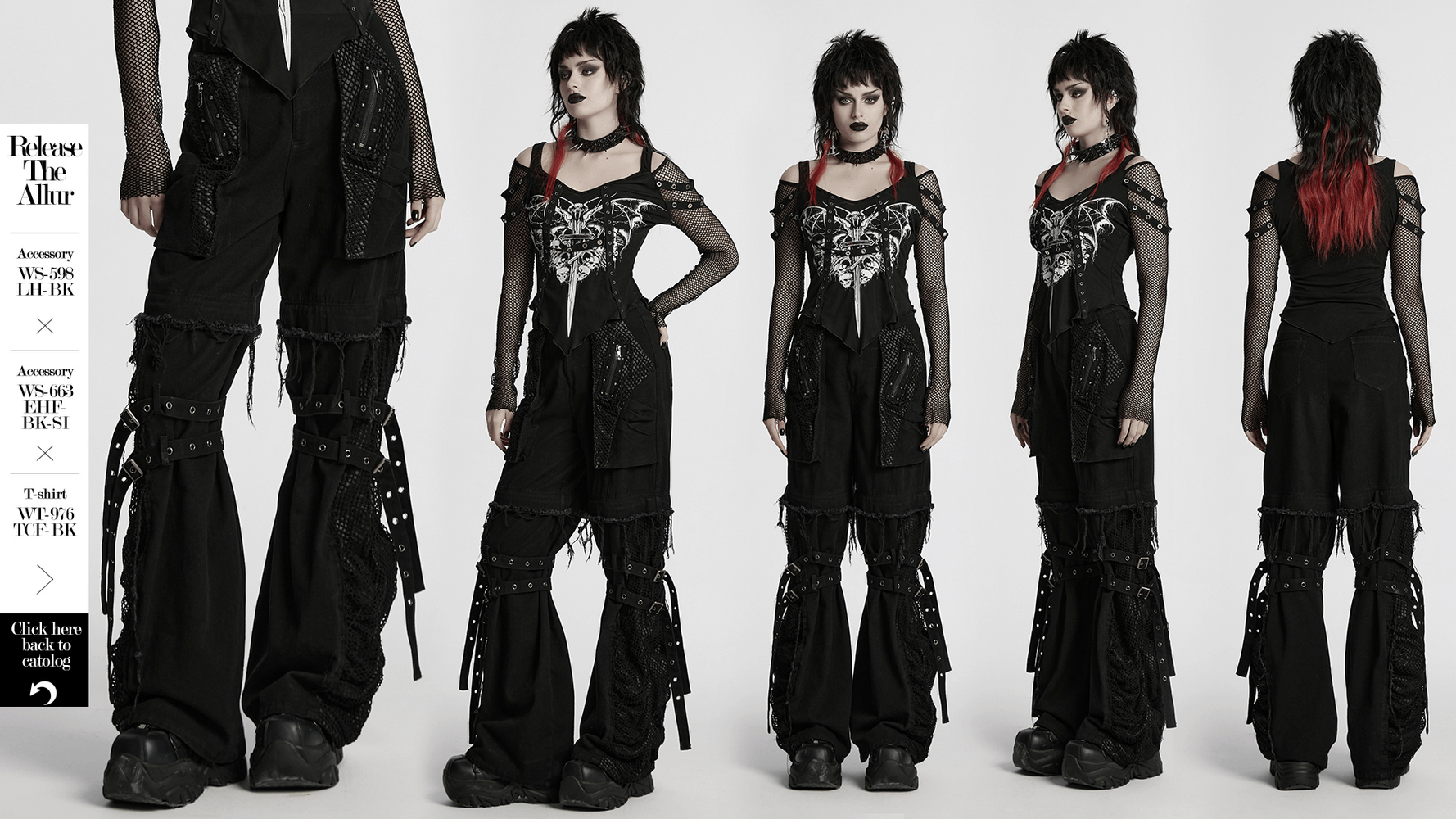 Punk detachable wide-leg pants with mesh pockets, studs, and frayed edges for a bold style.