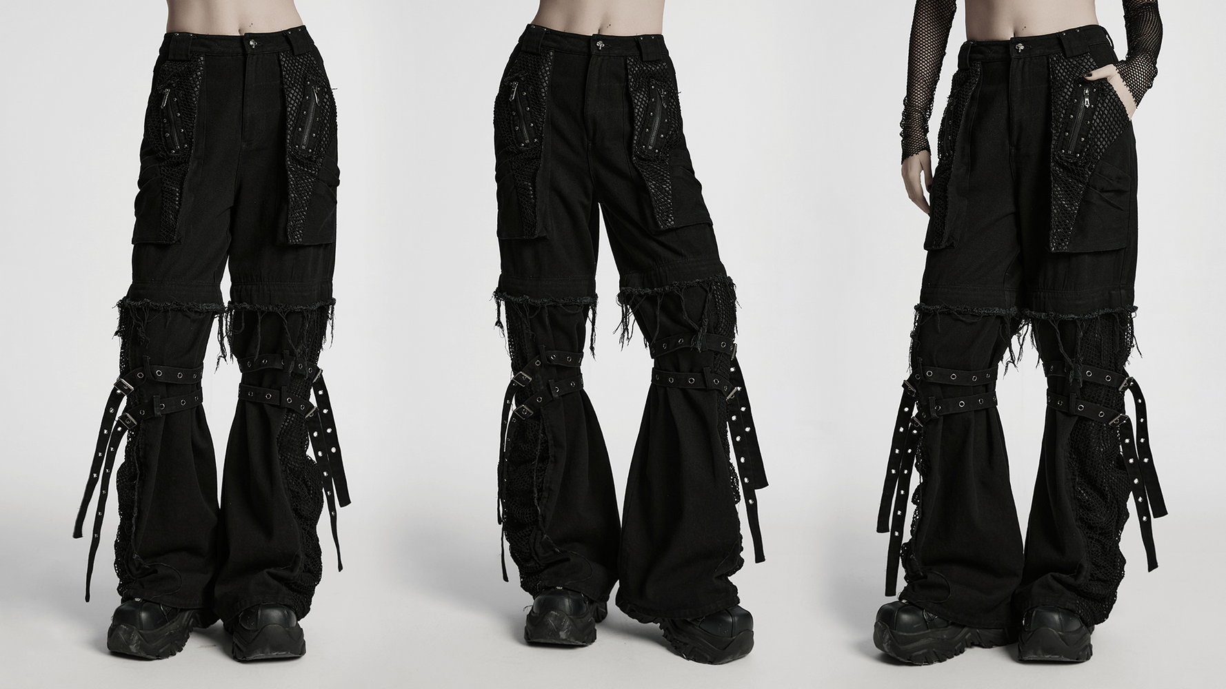 Punk detachable wide-leg pants with mesh pockets, studs, and edgy frayed details.