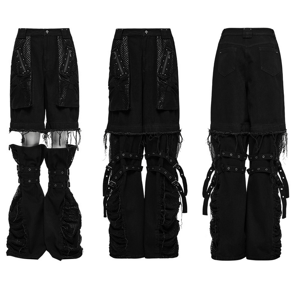 Punk detachable pants featuring mesh pockets, studs, and frayed edges in a bold wide-leg design.