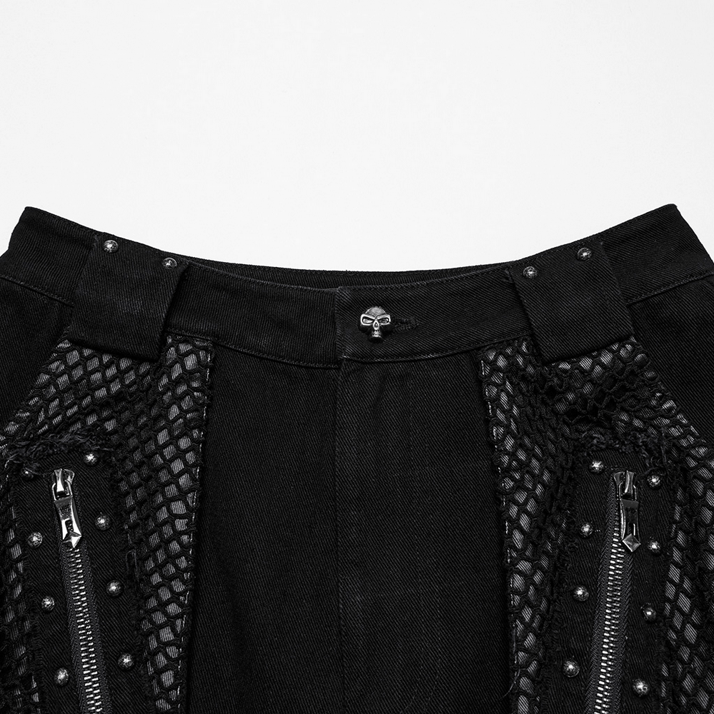 Detail of punk detachable pants with mesh pockets, studded design, and zipper elements for a bold style.