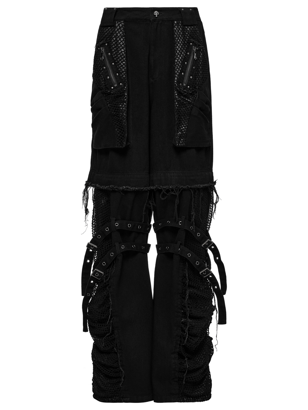 Punk detachable wide-leg pants with mesh pockets, studs, and frayed edges for a bold, edgy style.