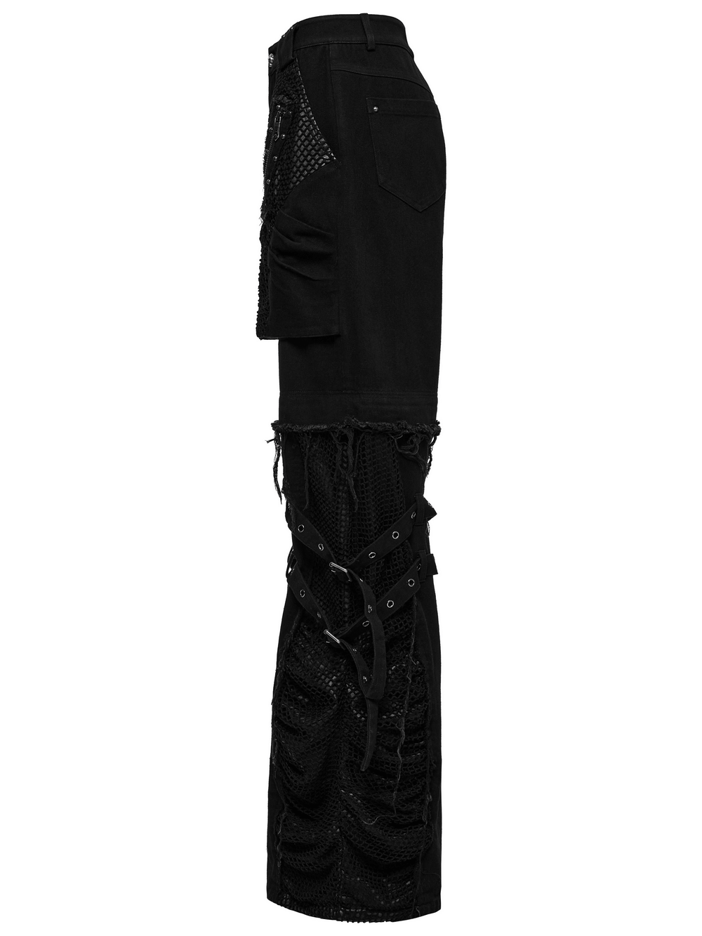 Punk detachable wide-leg pants with mesh pockets and studded design, featuring a bold frayed edge.