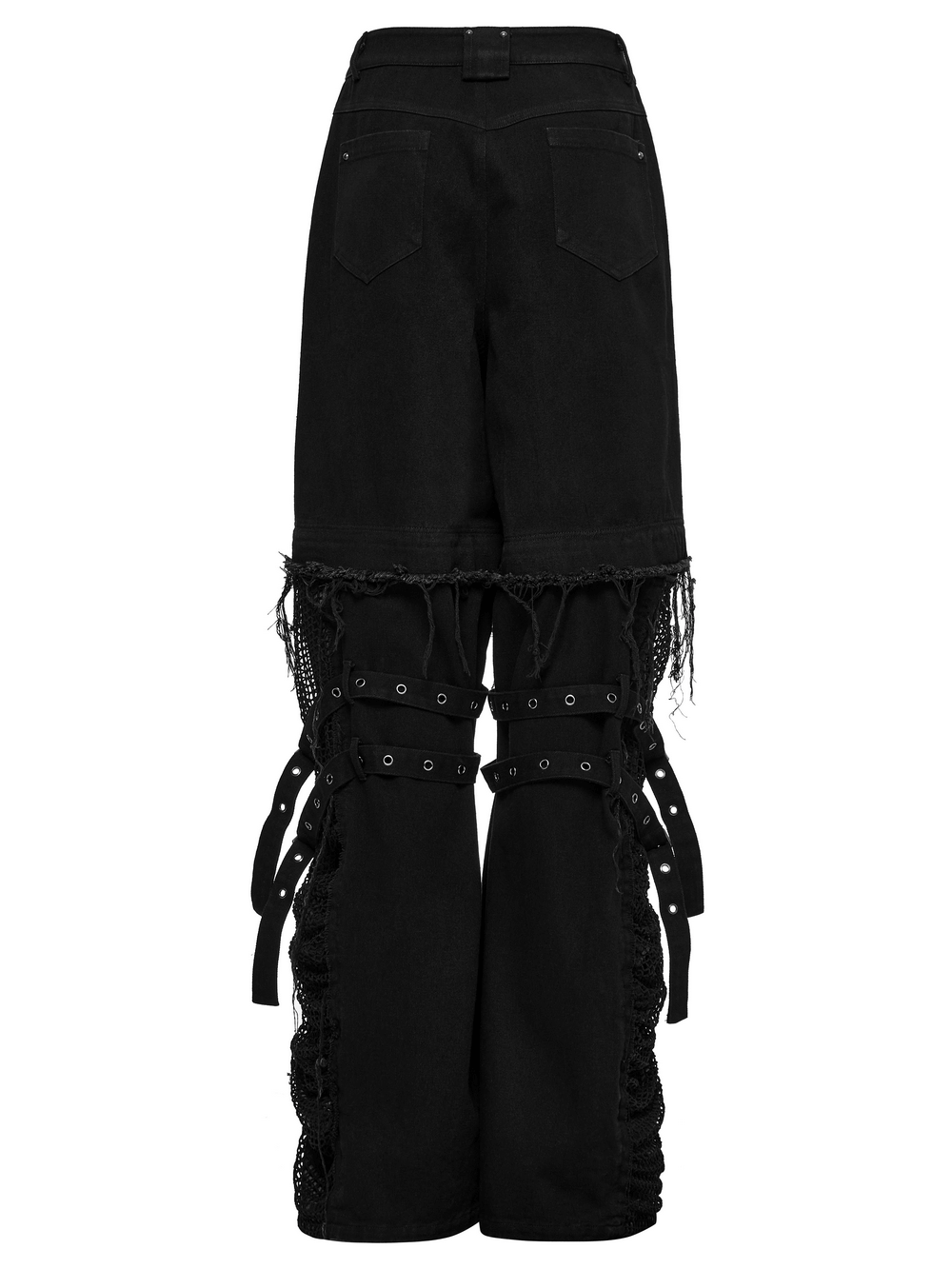 Back view of punk detachable pants with mesh pockets, studs, and frayed edges for edgy style.