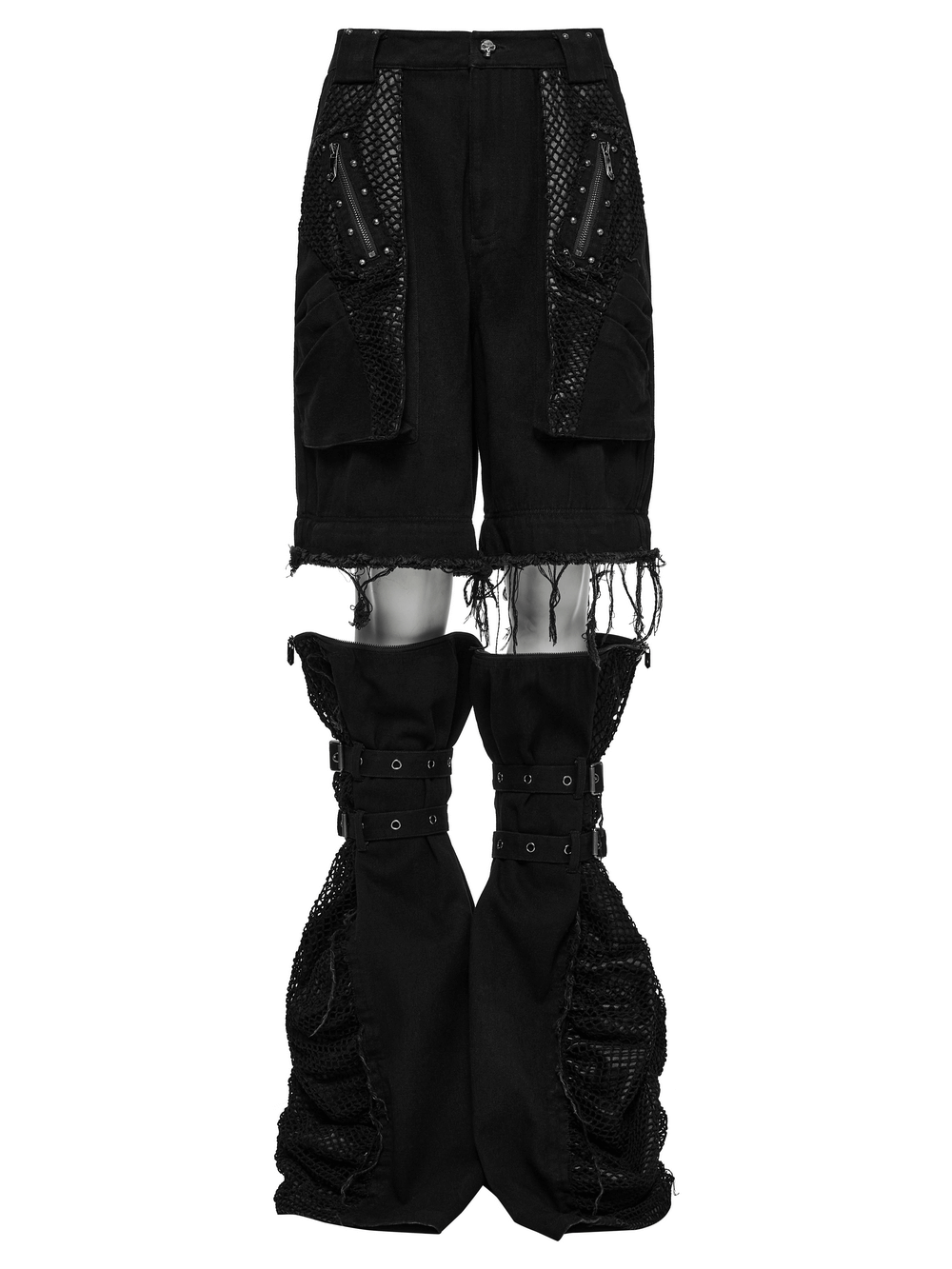 Punk detachable pants featuring mesh pockets, studs, and a wide-leg design, perfect for a bold punk style.