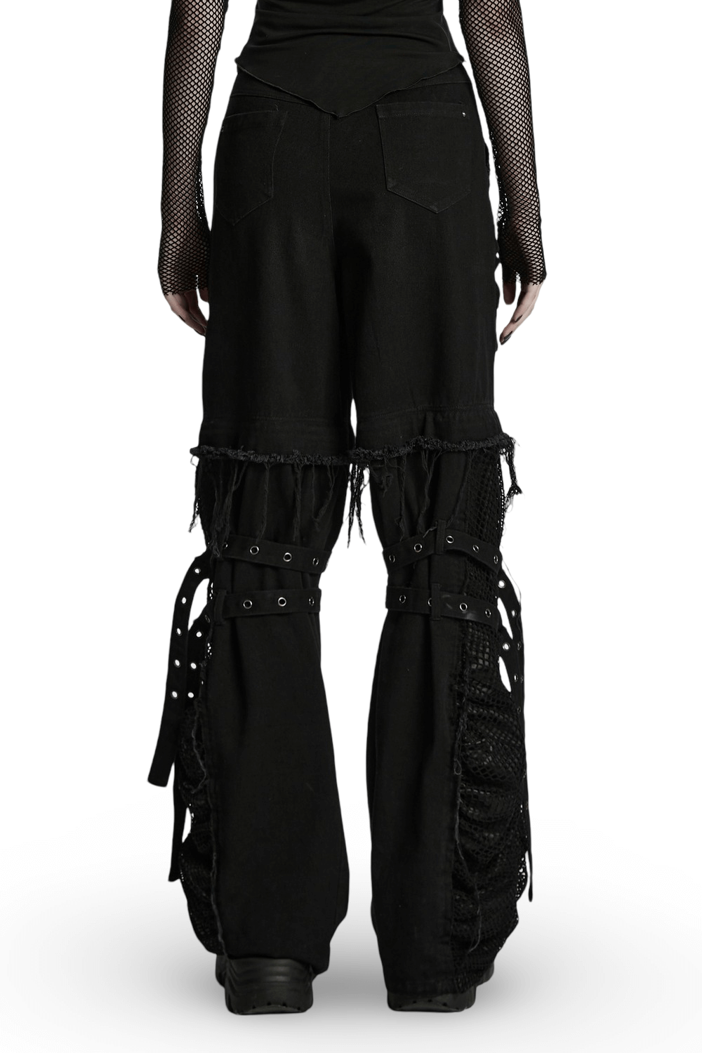 Back view of punk detachable pants showcasing frayed edges and studded straps, perfect for a bold style.